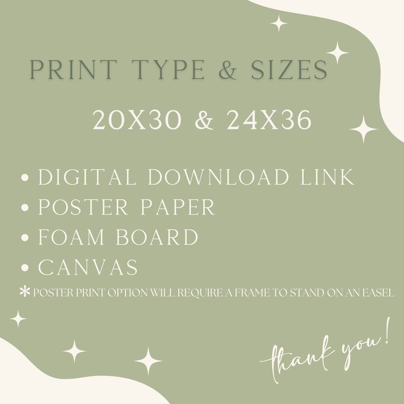 May include: A green background with white text that reads "PRINT TYPE & SIZES 20X30 & 24X36" and a list of print options: "DIGITAL DOWNLOAD LINK", "POSTER PAPER", "FOAM BOARD", and "CANVAS". The text also includes a note: "*POSTER PRINT OPTION WILL REQUIRE A FRAME TO STAND ON AN EASEL." The text "thank you!" is written in cursive at the bottom of the image.