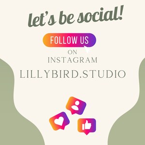 Pu&ograve; includere: Una grafica con il testo "let's be social!" e "FOLLOW US ON INSTAGRAM LILLYBIRD.STUDIO". Sotto il testo ci sono tre icone di social media: una persona, un cuore e un pollice in su.