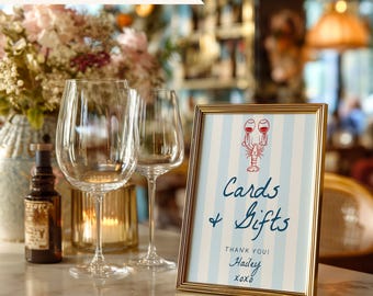 She’s a Catch Cards and Gifts Sign | Hand Drawn Lobster Design | Coastal Striped Background | Nautical Beach Theme Bridal Shower Decor