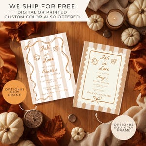 May include: Two rectangular bridal shower invitation cards with beige and white vertical stripes. The left card features a brown line-art bow frame and the text Fall in Love. The right card features a brown squiggly frame and the text Fall in Love.