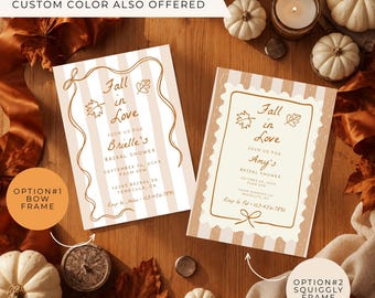 Fall in Love Bridal Shower Invitations | Digital & Printed Invite | Fall Bridal Shower Invite | Hand Drawn Striped Autumn Invitation