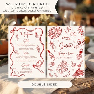 May include: Double-sided wedding menu cards with a red line art design. The left card says "The Menu" and lists starter, main, and dessert options. The right card says "Salute!" with names and a date. Text includes "WE SHIP FOR FREE".