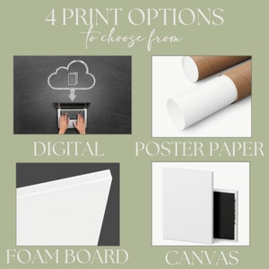 May include: Four print options for digital art: digital download, poster paper, foam board, and canvas.