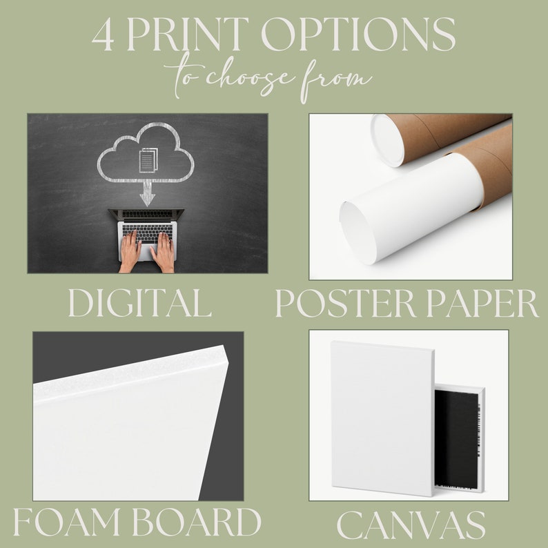 May include: Four print options for digital art: digital download, poster paper, foam board, and canvas.