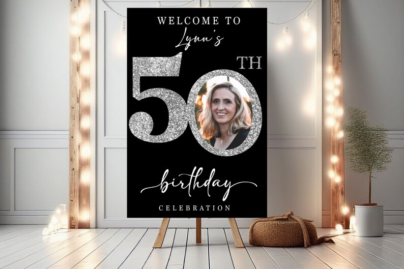 Custom 50th Birthday Party Welcome Sign 50th Birthday Celebration 50th Birthday Party Decoration Personalized Birthday Party Welcome Sign Silver Glitter