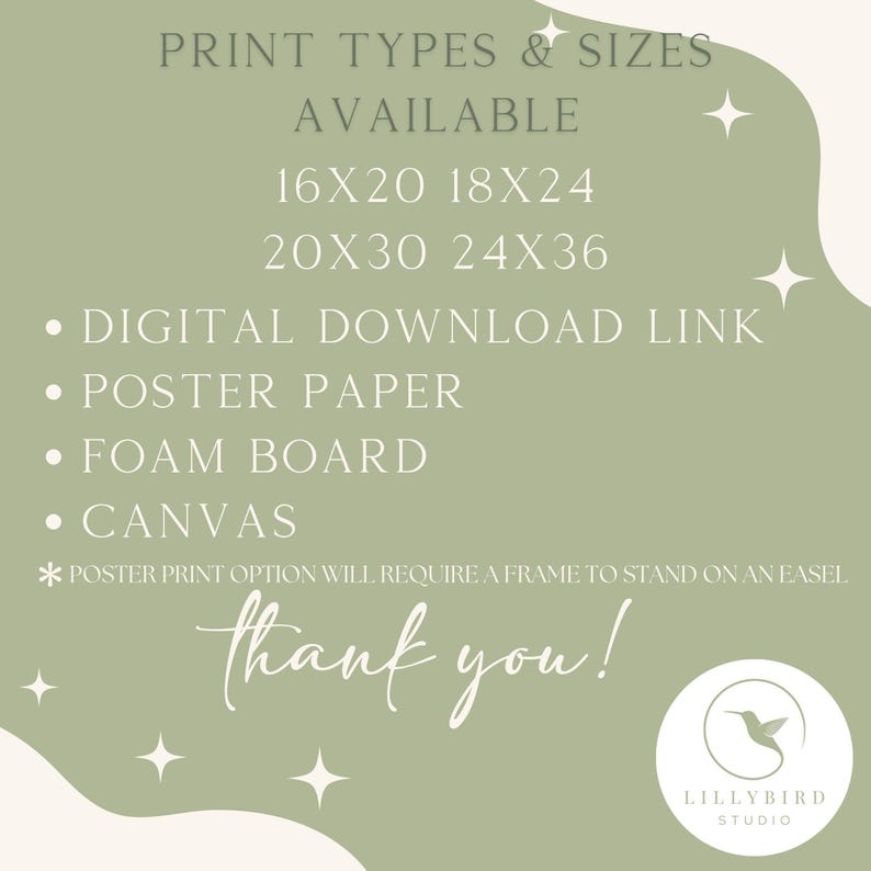 May include: Green background with white text listing print types and sizes available for purchase. The sizes listed are 16x20, 18x24, 20x30, and 24x36. The print types listed are digital download link, poster paper, foam board, and canvas. The text "thank you!" is written in a decorative font. A hummingbird logo is in the bottom right corner with the text "LILLYBIRD STUDIO".