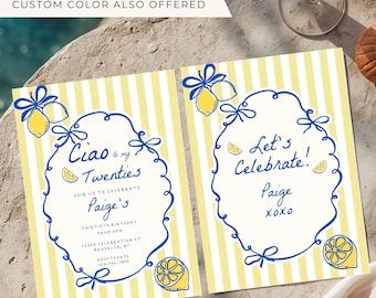 Ciao to My Twenties Hand Drawn Invitation | Italian Theme 30th Birthday Invite | Lemon Party Theme | Striped Background | Amalfi Coast Party