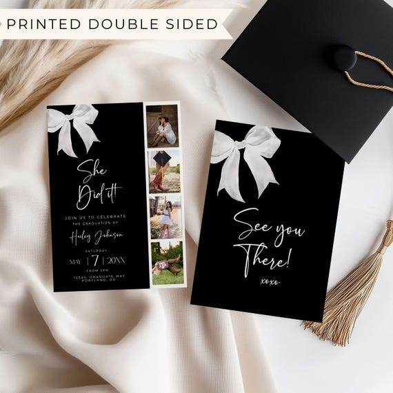 Bow Graduation Invites with Photos | Double-Sided Graduation Party Invite | Custom Graduation Invitation For Girl | Graduation Party Invite