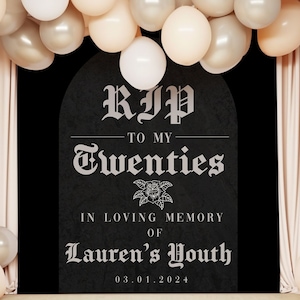 RIP Personnalisée Toile de fond d'anniversaire des années 20 Tapisserie de fête de bienvenue Toile de fond de fête du 30e anniversaire pour reposer en paix Décoration murale de fête d'anniversaire des années 20