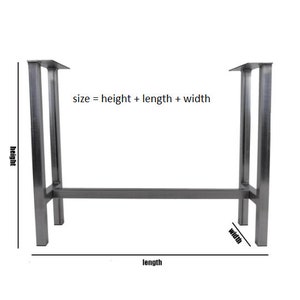May include: A silver metal table base with a rectangular top and four legs. The base is designed to support a tabletop. The dimensions of the base are labeled: height, length, and width. The text "size = height + length + width" is also included.