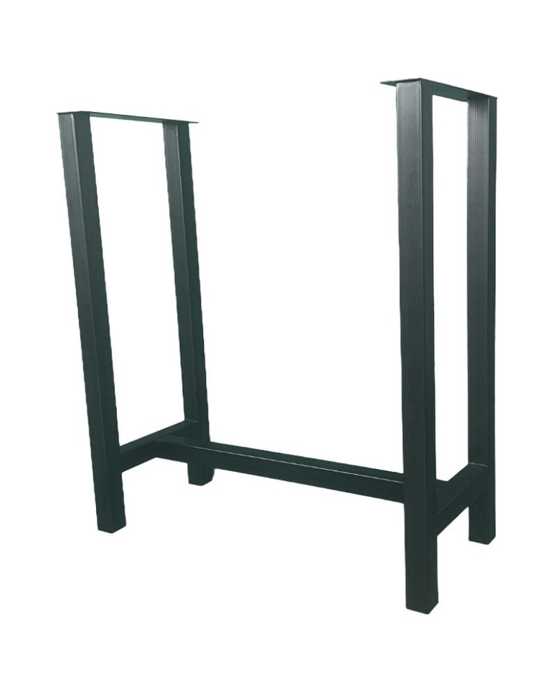May include: Black metal table legs with a rectangular top and a crossbar connecting the two legs.