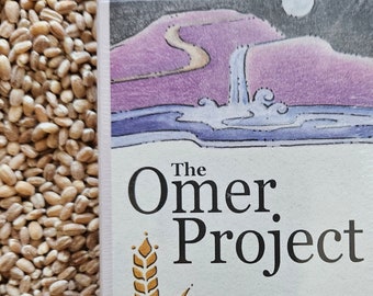 Puede incluir: Un libro titulado "The Omer Project: A journey through the 49 days of the Omer by Mishka Jaeger" con una ilustración de un paisaje en morado y azul con una cascada y una luna creciente.