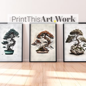 Bonsai SET de tres / Pinturas a lápiz / Obras de arte imprimibles / Arte DIGITAL / S3-5-28