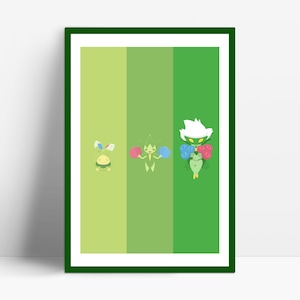 May include: A digital illustration of three green Pokémon characters with different colored flowers. The Pokémon are on a green, yellow, and green background.