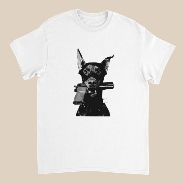 Doberman Graphic T-Shirt, Dog Print T-Shirt, Animal Print Tee, Heavy Cotton T-Shirt, Doberman Bank Robber With a Gun, Heavyweight T-Shirt