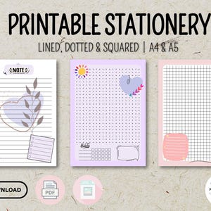 Puede incluir: Conjunto de papelería imprimible con tres diseños diferentes: rayado, punteado y cuadriculado. Cada hoja presenta un fondo lila claro con lindas ilustraciones, incluyendo un corazón con hojas, un sol y un corazón con un avión de papel. El texto "NOTE" está en la parte superior de la hoja rayada.