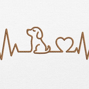 May include: A brown embroidered design on a white fabric background featuring a continuous heartbeat line, a silhouette of a sitting dog, and a heart shape. The embroidery has a textured, rope-like appearance that forms the EKG line pattern.