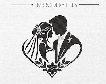 May include: A black embroidery design featuring the silhouette of a bride and groom facing each other within a heart shape, accented by a flower at the bottom. The text EMBROIDERY FILES is centered at the top of the image in a simple font.