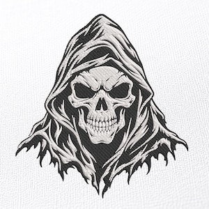 May include: A black and white embroidered patch featuring a detailed illustration of a skull wearing a hooded cloak. The design showcases intricate shading and line work, highlighting the skeletal facial features and the textured folds of the hood.