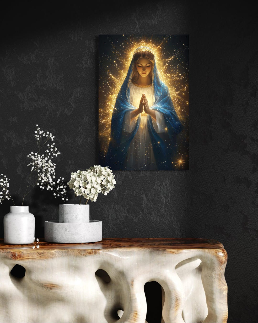 Virgin Mary Golden Light Wall Art, Catholic Prayer Decor (digital ...