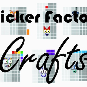Op de afbeelding: De afbeelding toont de woorden "Sticker Factory Crafts" in een speels, handgeschreven lettertype. De achtergrond is een rasterpatroon met cartoongezichten en kleurrijke blokken, wat wijst op een ambachtelijk thema.
