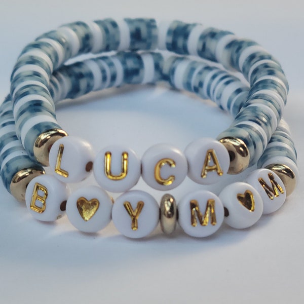Kid's Custom Everyday Stretch Bracelet- White Bead With Black Letters main image 1