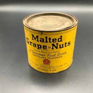 Rare 1920s Malted Grape Nuts Chocolate Flavored Round Tin