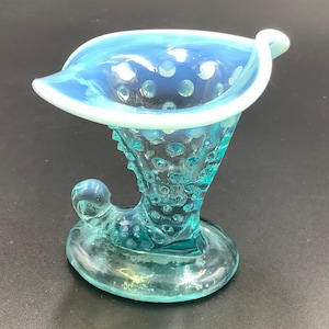 Small Vintage Aqua Blue and Opalescent Hobnail Glass Cornucopia Horn