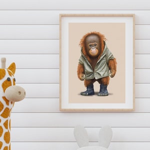 Dziecięcy nadruk z orangutanem - Sztuka ścienna do pokoju dziecięcego - Nadruk ze zwierzętami dla dzieci - Nadruki ścienne dla dzieci - Dekoracja pokoju dziecięcego - Prezent do wydrukowania - Prezent ze sztuką safari