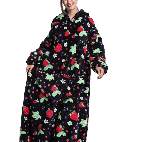 Strawberry Black Full Zip Hoodie for Women