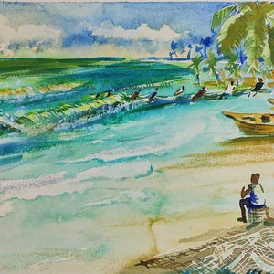 Nshorna.. As the fishermen return to pull in the net for their catch | Original African Watercolour Painting on Cold Pressed Paper