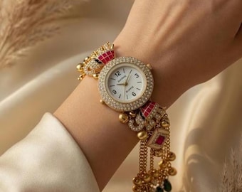 MICHAIL Traditioneel Indiaas handgemaakte armbandhorloge-goudkleurig etnisch Meenakari-horloge met Ghungroo-bel - bruidssieraden - cadeau voor haar