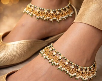 VIDAN Gold Plated Polki Anklets: Traditional Bridal Anklets with Pearls pair of two- Bridal Jewellery-Wedding Jewelry-Indian wedding jewelry
