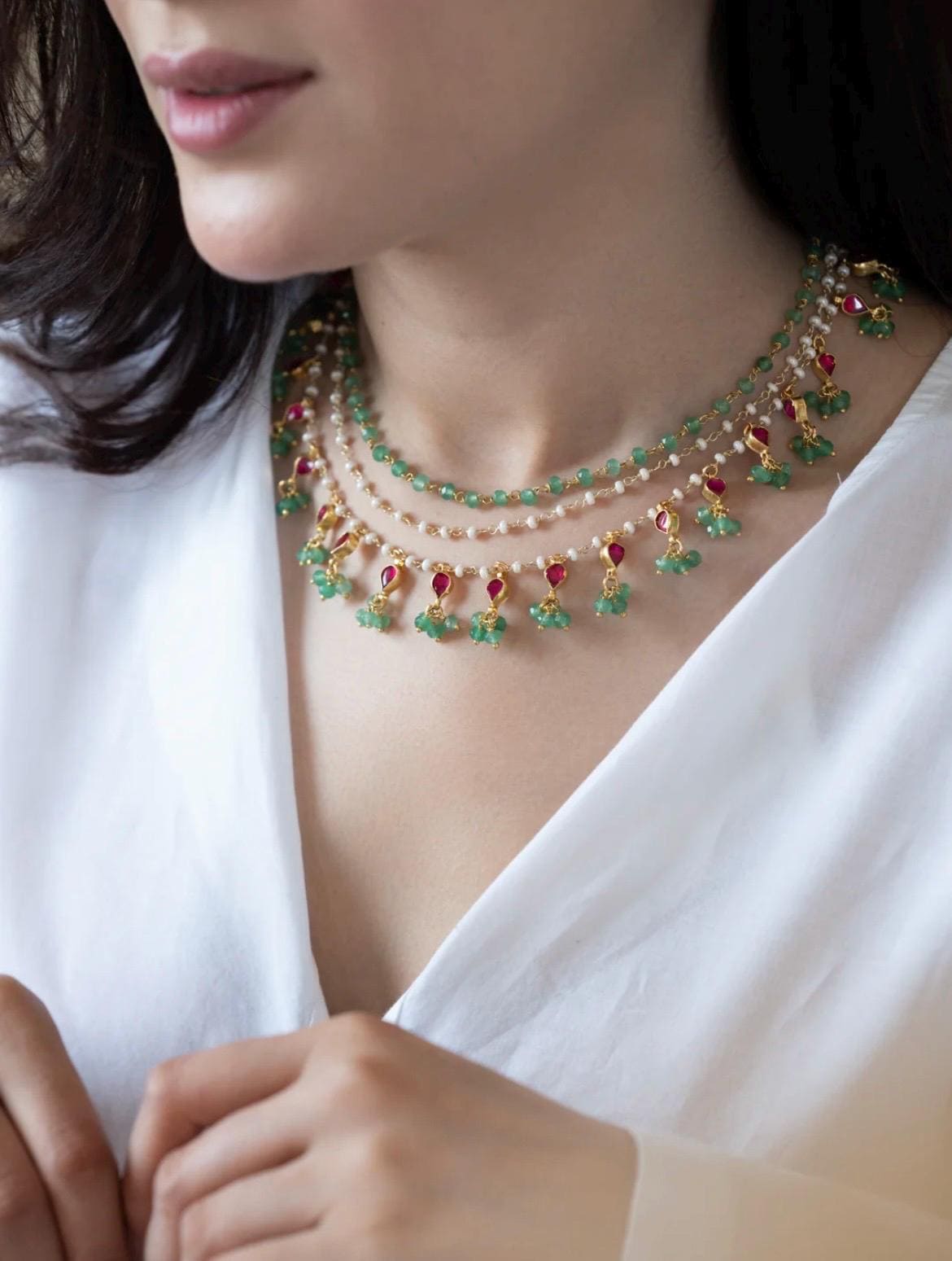 MONROE Green Polki Kundan Layered Necklace with Beads Strands // Indian wedding jewellery // Southindian Jewellery