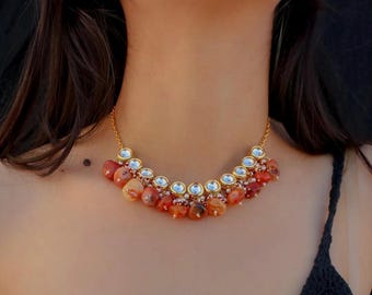 APRAJITA roest oranje goud Kundan statement kralen ketting-Indiase bruiloft sieraden-Southindian bruiloft sieraden-bruidssieraden-cadeau voor haar
