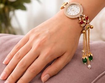 AAIRAT traditioneel Indiaas handgemaakt armbandhorloge - goudkleurig etnisch Meenakari-horloge met Ghungroo - bruidssieraden - cadeau voor haar bruiloft