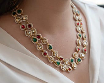 SAISA 14K Gold Plated Polki Panchi Kundan Layered Necklace / Customisable Handmade Necklace/ Southindian Jewelry / Indian Wedding jewellery.