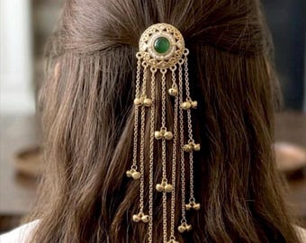 AATMIYA bruidshaarbroche: kastanjebruine stenen Ghunghru-kettingen – Indiaas bruiloftornament – trouwsieraden – haarbroche – bruidssieraden – haaraccessoire