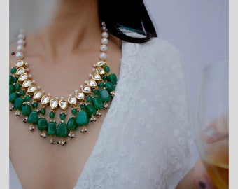 Green Kundan Necklace: Emerald Beaded, Gold Plated, Pearls