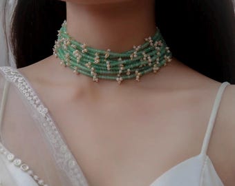 Liora Mint Green Layered Necklace/ Green Fine Kundan Choker/ Indian Jewelry/