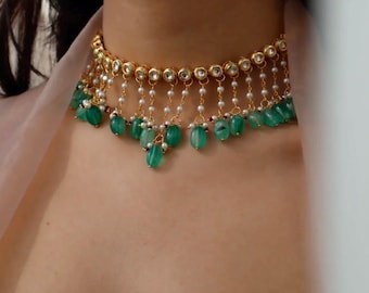 Gold Plated Kundan Choker Necklace: Mint Green Natural Beads, Indian Wedding Jewelry