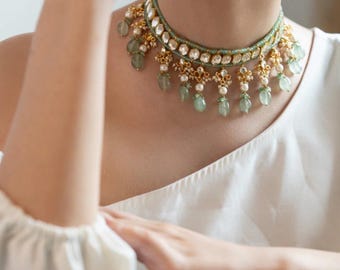 Kundan Polki Necklace Set: Mint Doublet, Moissanite, Fine Gold Finish