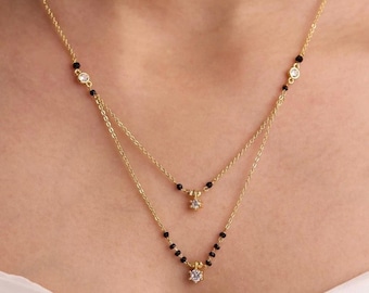 Layered Minimalist Mangalsutra • Black Spinel Gold Bar Necklace • Indian Protection Jewelry