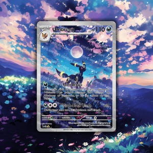 May include: Umbreon Pokémon trading card with a black and yellow design, set against a colorful sky and mountain backdrop. The card features the text "Umbreon" and "Feint Attack".
