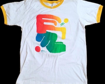 Rainbow Roll Shape Shirt - Screen Printed Ringer Tee - Vintage White/ Yellow Ringer