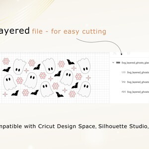 May include: A layered SVG file for easy cutting, featuring a design of multiple ghosts, bats, and flowers. The file is compatible with Cricut Design Space, Silhouette Studio, and other cutting software.