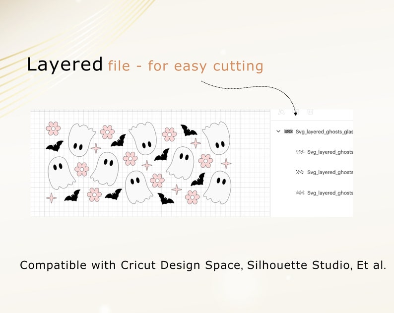 May include: A layered SVG file for easy cutting, featuring a design of multiple ghosts, bats, and flowers. The file is compatible with Cricut Design Space, Silhouette Studio, and other cutting software.