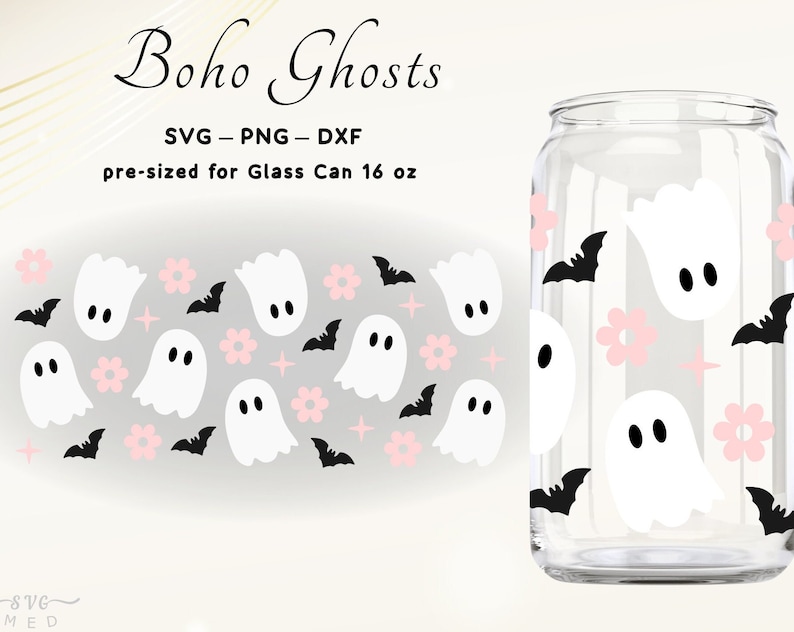 May include: A digital design for a 16 ounce glass can featuring a pattern of white ghosts, black bats, and pink flowers. The design is titled "Boho Ghosts" and includes the text "SVG - PNG - DXF".