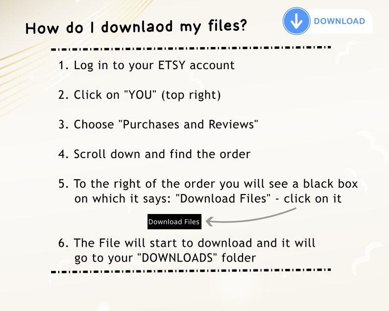 May include: A step-by-step guide on how to download files from Etsy. The guide includes six steps with instructions on how to log in to your Etsy account, click on "YOU", choose "Purchases and Reviews", scroll down to find the order, click on "Download Files", and download the file to your "DOWNLOADS" folder.