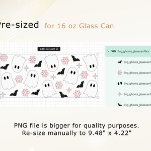May include: A pre-sized design for a 16 ounce glass can featuring a pattern of black bats, pink flowers, and white ghosts. The design is 9.48 inches by 4.22 inches. The image includes the text "Svg_ghosts_glasscan16oz".